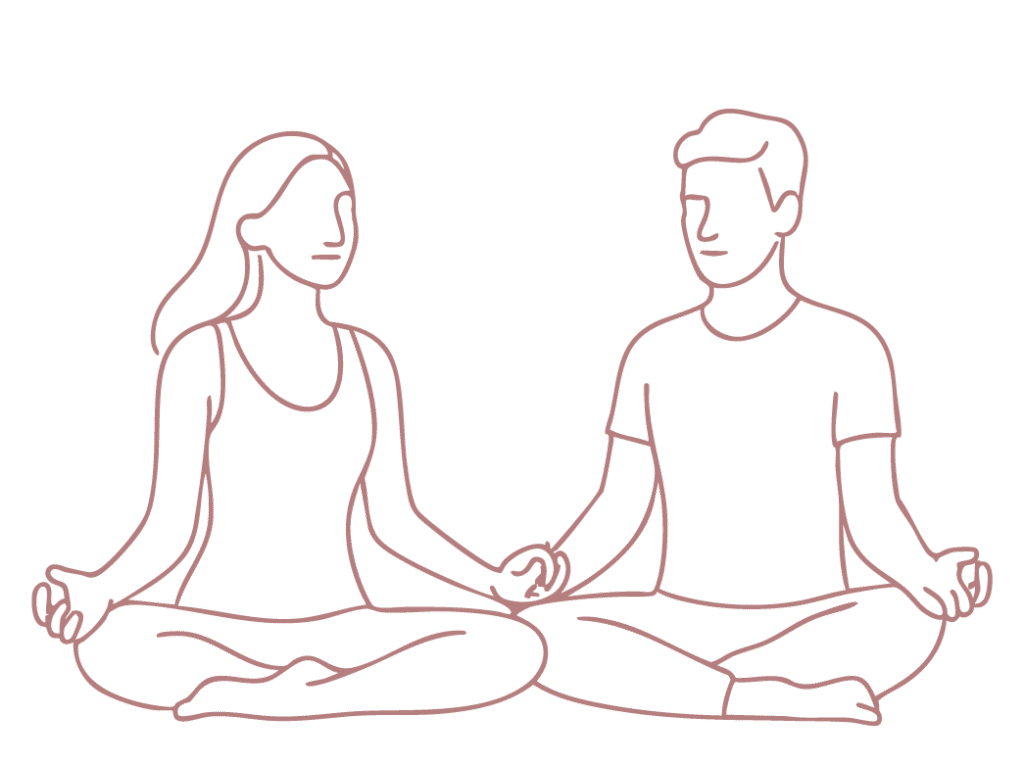 Illustration d’un couple en posture de méditation, yoga à deux et connexion en pleine conscience.
